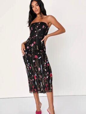 Bold Botanicals Black Floral Embroidered Strapless Midi Dress- SMALL